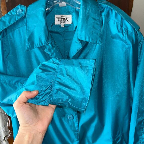 Vintage Totes raincoat trench coat in teal blue with shoulder pads sz 10 - Picture 6 of 11
